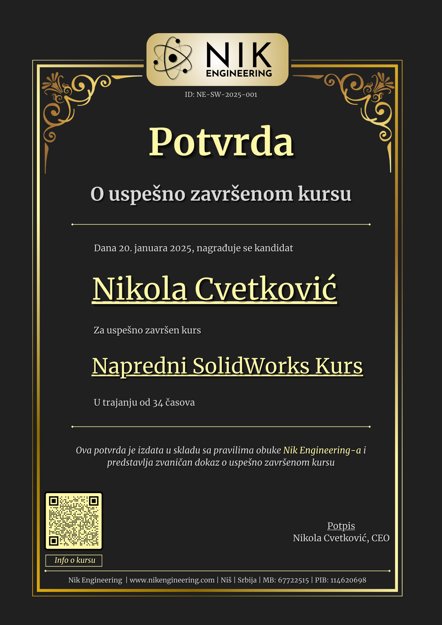 Napredni SolidWorks Kurs Potvrda