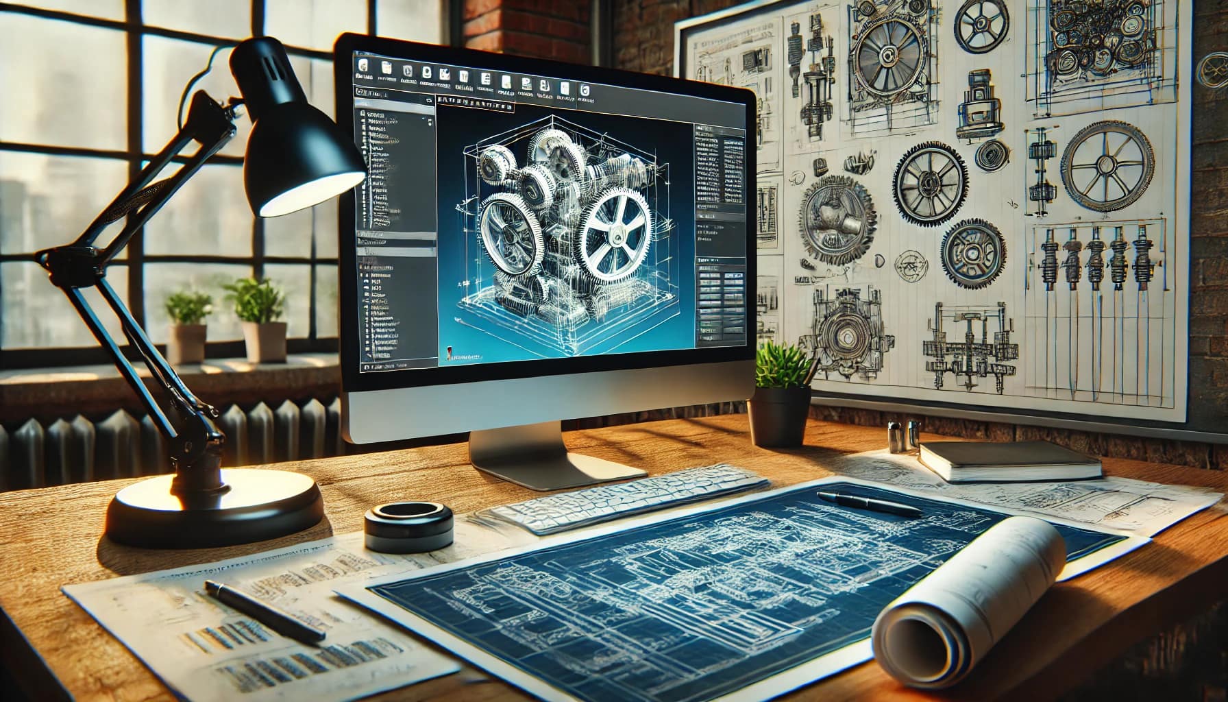 DALL·E 2024-10-22 13.10.16 - A professional setting where 3D modeling and technical documentation are being used to improve projects. The image shows a workspace with a computer s Kontakt prostorija Nik Engineering
